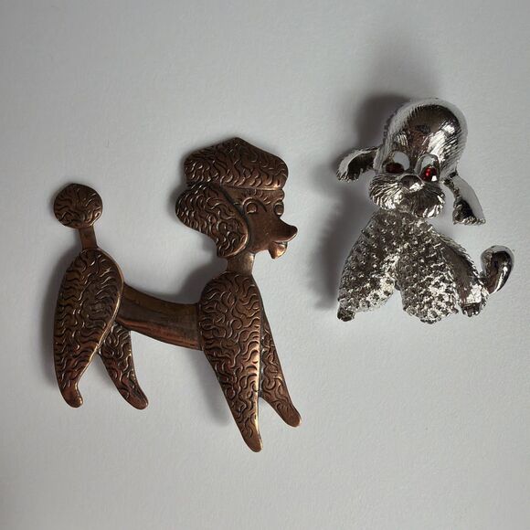 Unbranded Jewelry - 2 Vintage Estate Poodle Dog Brooch Pins Copper And Silver Tone Rhinestone Eyes